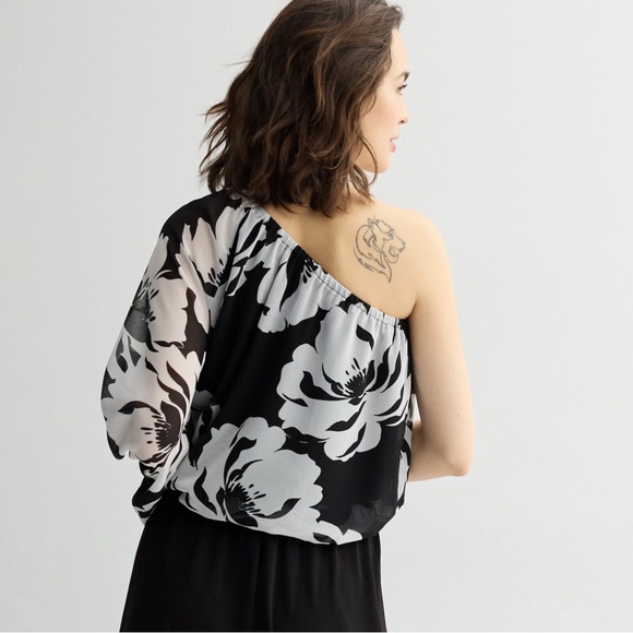 INTempo One-Shoulder Blouse - Black and White Floral NWOT - Picture 2 of 6